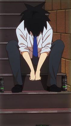 a man in a white shirt and blue tie sits slumped over on a set of stairs. his head is down, and his arms are resting on his knees. he appears to be tired or sad. there are two cans on the stairs next to him. the scene is lit with soft lighting, giving it a somber mood.