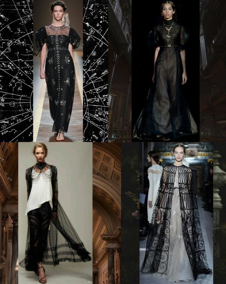 the image features five fashion models showcasing black, lace, and sheer dresses. the models are posing on various runways, showcasing their elegant and stylish outfits. the image captures the essence of high fashion and elegance, highlighting the intricate details and craftsmanship of the garments.