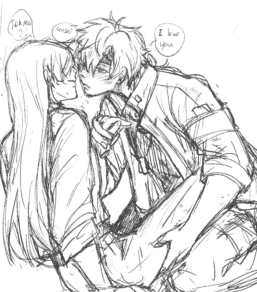 a black and white drawing of an anime couple embracing. the man is holding the woman in his arms and they are both looking at each other with love. the woman is blushing and the man is smiling. the drawing is done in a sketchy style and has a romantic feel. there is a speech bubble