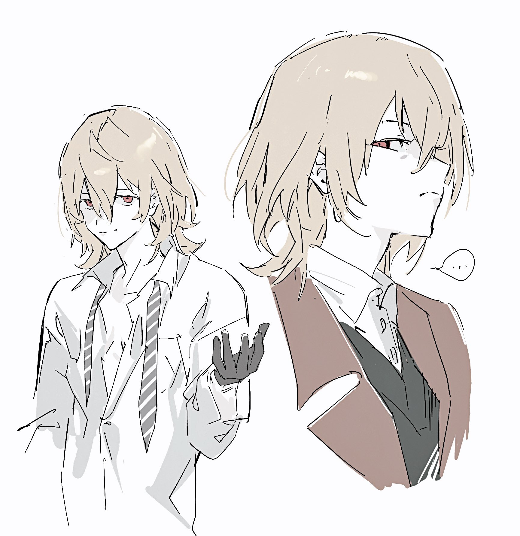 this is a digital drawing of an anime/manga character. there are two depictions of the same person. on the left, the character is dressed in a white shirt and black tie. their right hand is gloved and they are making a gesture. on the right, the character is dressed in a brown jacket over a white shirt and black tie. they are looking to the right and there is a thought bubble above their head. both versions of the character have blonde hair and red eyes.