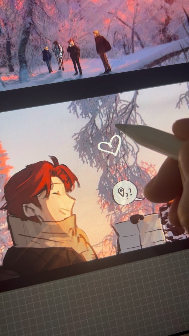 he image shows a digital drawing in progress on a tablet. the top half of the screen displays a finished illustration of four figures in winter clothing standing in a snowy forest at sunset. the bottom half shows a character with red hair, looking peaceful. a hand is visible using a stylus to add details and annotations, including a heart and a question mark. the overall style is reminiscent of anime or manga.