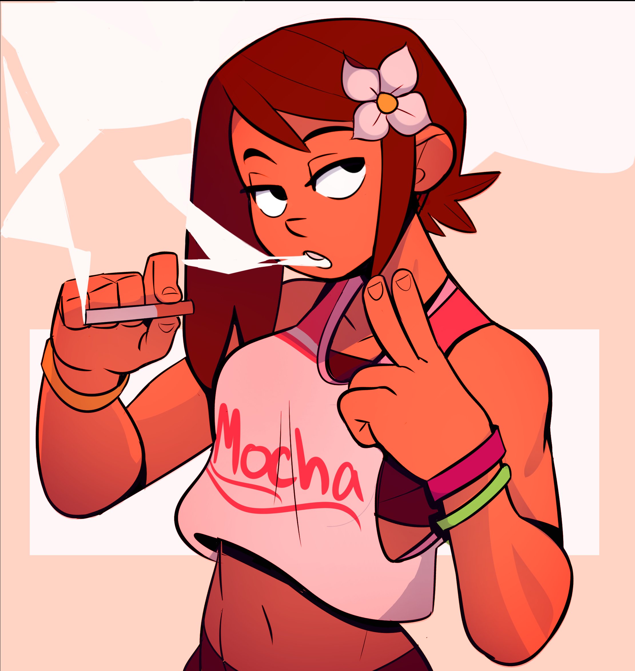 a cartoon woman with brown hair, a pink flower in her hair, is smoking a cigarette and giving a peace sign. she is wearing a pink and white shirt with the word "mocha" on it. she is also wearing a red tank top underneath the shirt.  she is facing to the right.  she has a red face and red lips. she has a cute cartoon style.