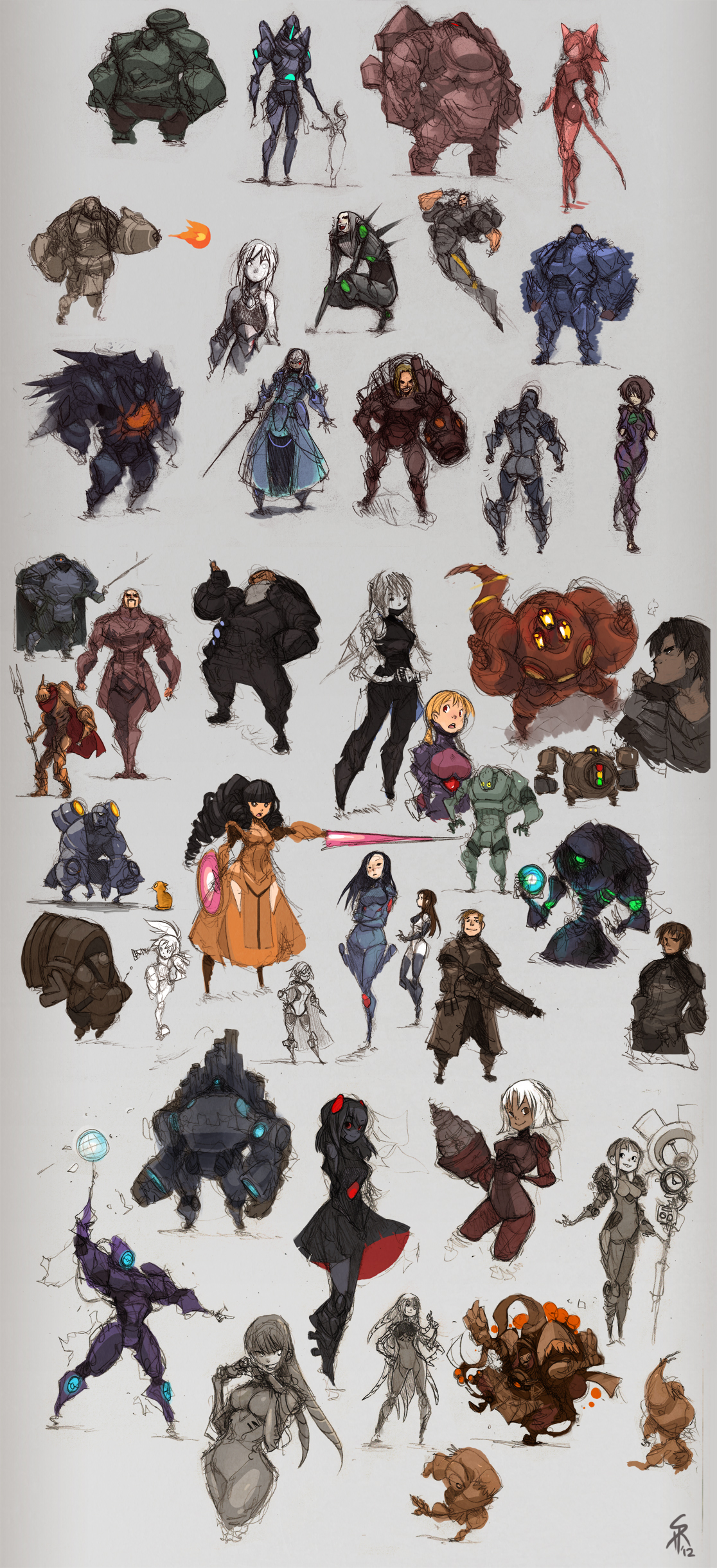 this image showcases a collection of diverse character concept sketches, primarily rendered in muted tones. the artwork features a blend of fantasy and scifi elements, depicting warriors, mages, creatures, and mechs in various poses. the artist emphasizes form and silhouette, utilizing rough brushstrokes and minimal shading to convey their ideas. the lack of a background or environment places the focus solely on the character designs.