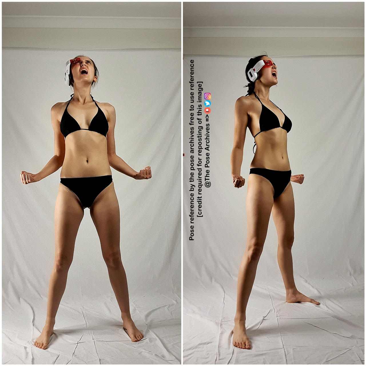 a front view of a young woman with a toned physique is captured in a studio setting. she is positioned against a white backdrop, her feet slightly apart in a powerful stance. the woman wears a black bikini and a white futuristiclooking headset. her head is tilted back, mouth open in a yell, conveying a sense of intense energy or determination. the image is a diptych, presenting the same pose twice with slightly different lighting and posture nuances, serving as a reference for artists.