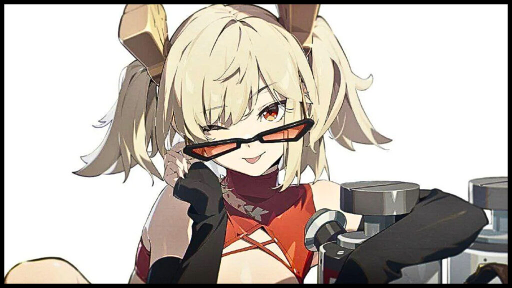 the image shows an anime girl with blonde hair and red eyes wearing sunglasses. she has a red top on with a black glove on her left hand. she's holding a gun on her right hand and leaning on her left arm on a metal object. the background is white.