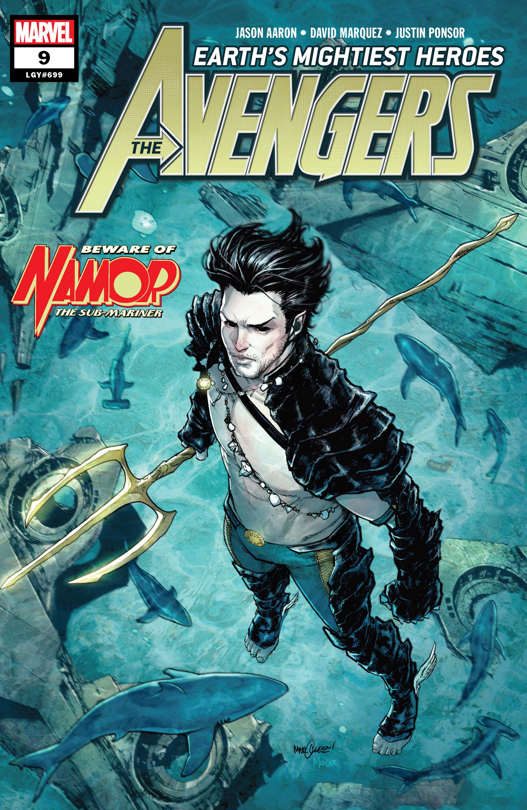 this is a comic book cover from marvel comics. it features namor the submariner, a superhero who is also an atlantean prince. he is underwater holding his trident and surrounded by fish. the title "avengers" and the subtitle "earth's mightiest heroes" are displayed on the cover. the cover is illustrated by a comic book artist.
