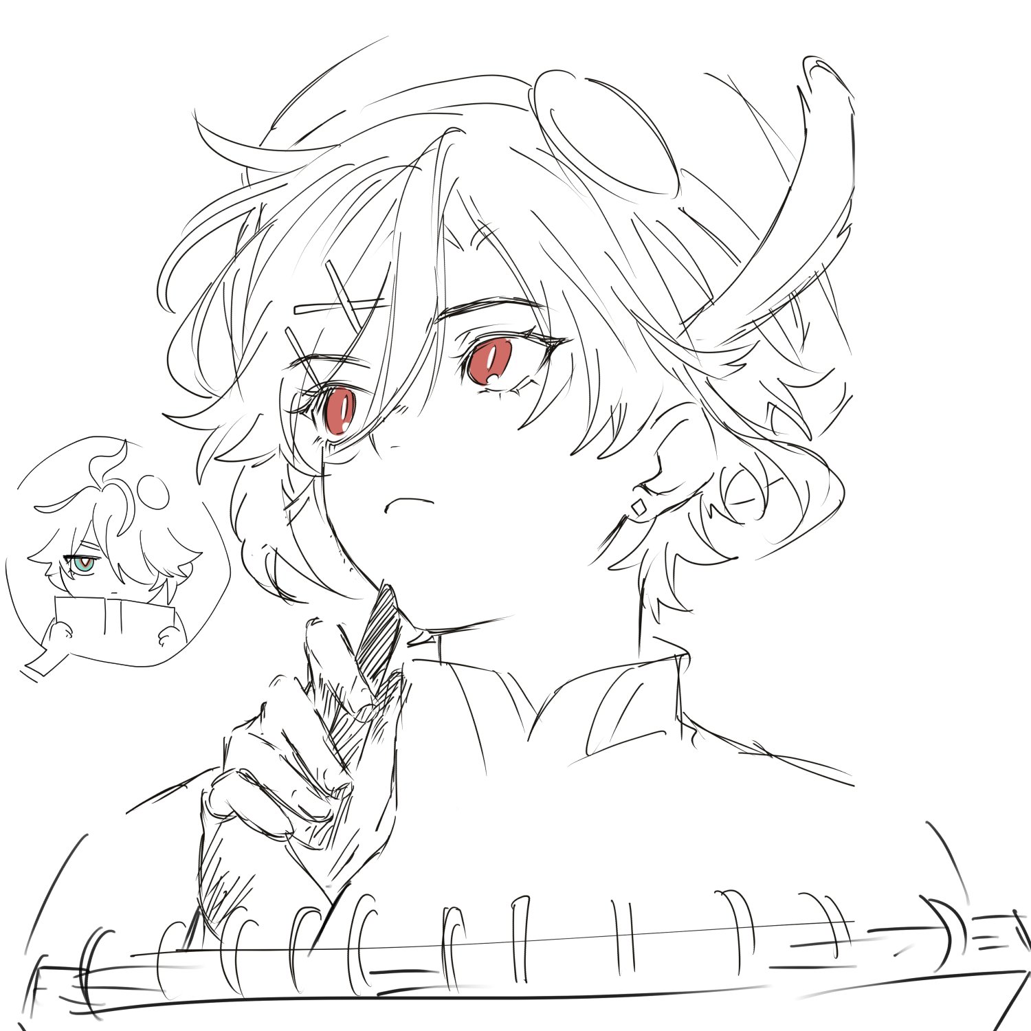 a black and white sketch of an anime girl with red eyes writing in a notepad with a thoughtful expression. she is wearing a collared shirt with a bow tie and has short curly hair. she is surrounded by a light sketch of a spiral notebook. the drawing is done in a loose and gestural style.