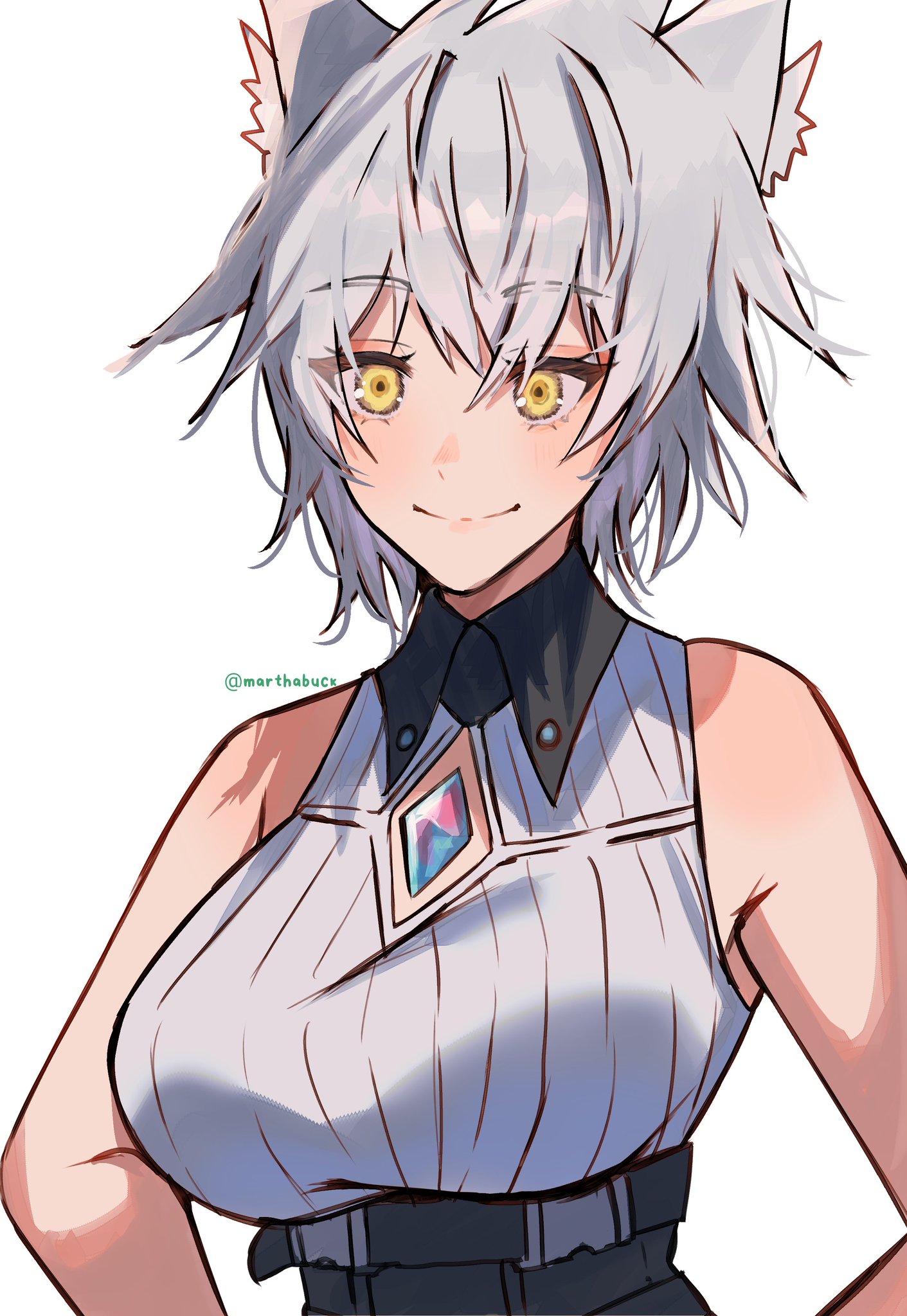 the image is a digital illustration of an anime girl with white hair and cat ears. she has yellow eyes and is smiling. she is wearing a white sleeveless shirt with a black collar and a black belt. the image is set against a white background.