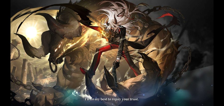 this is a digital illustration featuring a female anime character with white hair, red eyes, and horns. she is wielding a sword and is fighting against an enemy that is chained up. the background is a dark and mysterious.
