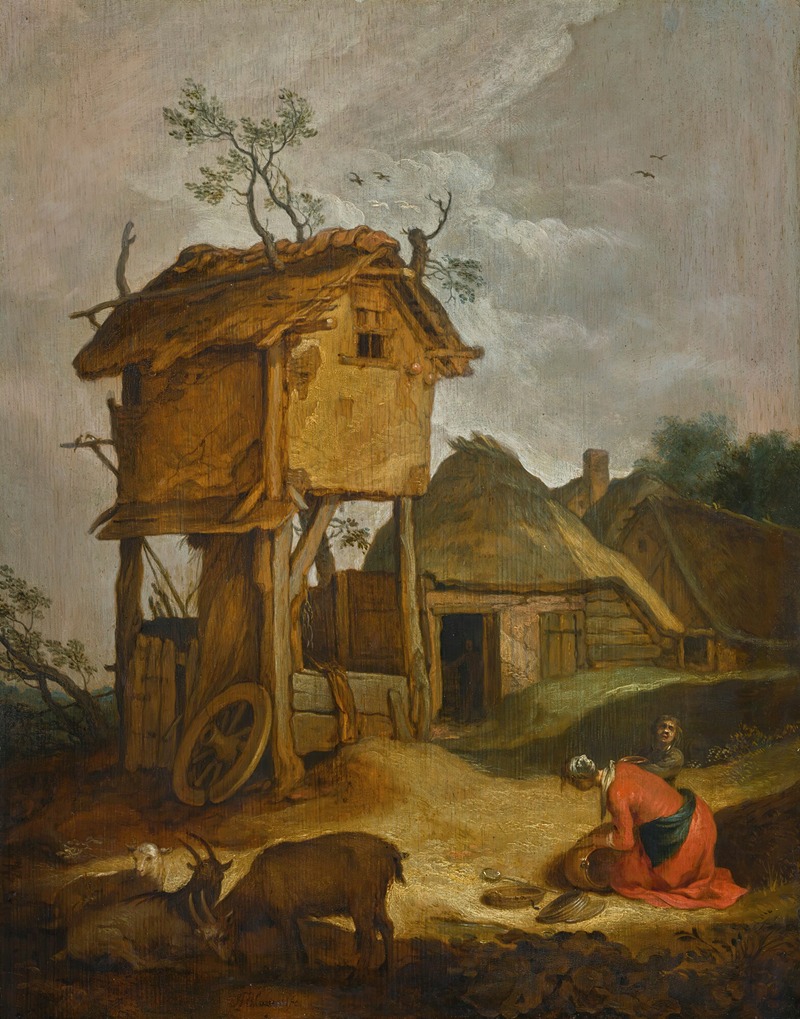 a painting depicts a rural landscape with a farm. a woman in a red dress kneels near a basket, possibly washing or sorting. two goats and a sheep are in the foreground, one goat appears to be butting the sheep. a prominent elevated structure stands to the left, resembling a small building on stilts with a thatched roof and a tree growing out of it. behind it, there is a well with a wooden wheel. another thatchedroof building is visible in the background, with a dark doorway. the sky is overcast, with birds flying above.
