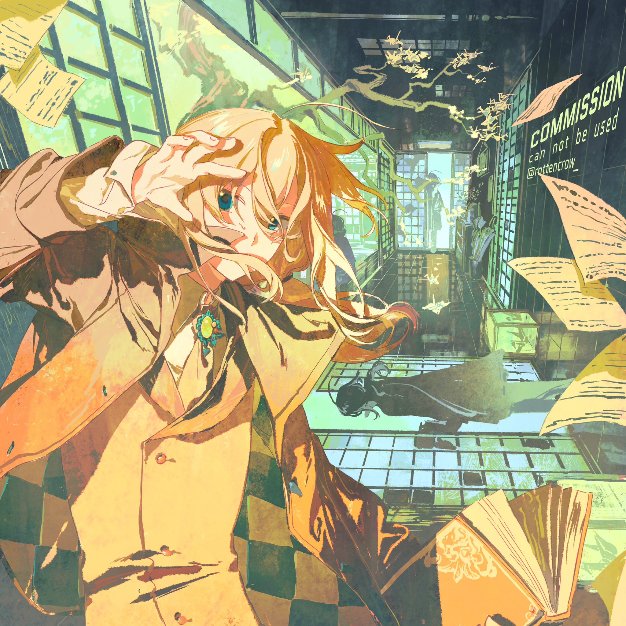 the image is an animestyle illustration of a young woman with long blonde hair standing in an ornate and mysterious japanesestyle building. the woman is wearing a yellow jacket with a checkered pattern, and her hair is flowing behind her. she has blue eyes and a serious expression on her face. she is looking at the viewer with one hand covering her face and the other holding a book. the image is set in a building with ornate windows and doors and many paper cranes hanging from the ceiling. the woman is standing in the middle of the room, and there is a shadow on the floor behind her, suggesting that she is standing in the light of a window or doorway. the overall mood of the image is mysterious and elegant. the woman's expression and the ornate setting suggest that she is a character from a fantasy or fictional story.