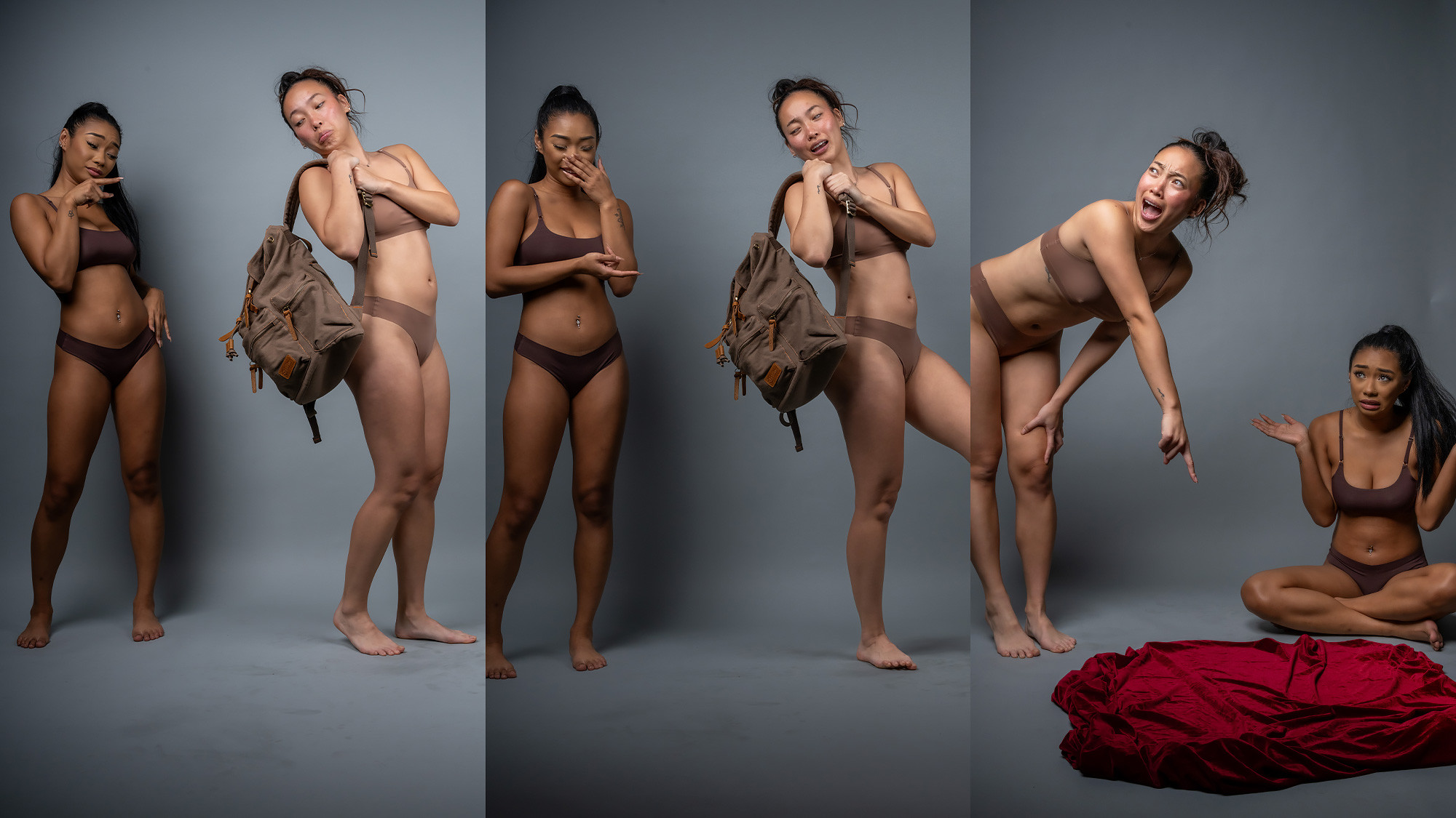 the image is a composite of several shots featuring four young women of diverse ethnicities. each woman is wearing a similar brown bralette and underwear set.  three of the women are shown with a brown backpack, displaying various emotions ranging from selfconscious to annoyed. one woman is holding the backpack while others seem to react to something she's doing or has already done.  a fourth woman sits on the ground, appearing confused or upset, near a piece of red fabric.  the overall setting is a studio with a plain gray backdrop. the photo series seems to explore themes of body image, selfperception, and potentially the pressures related to appearances.