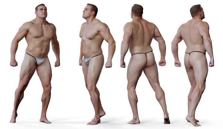 the image shows four different poses of a muscular man wearing a thong. the man is standing with his arms at his sides and his legs slightly apart. he is looking directly at the camera.