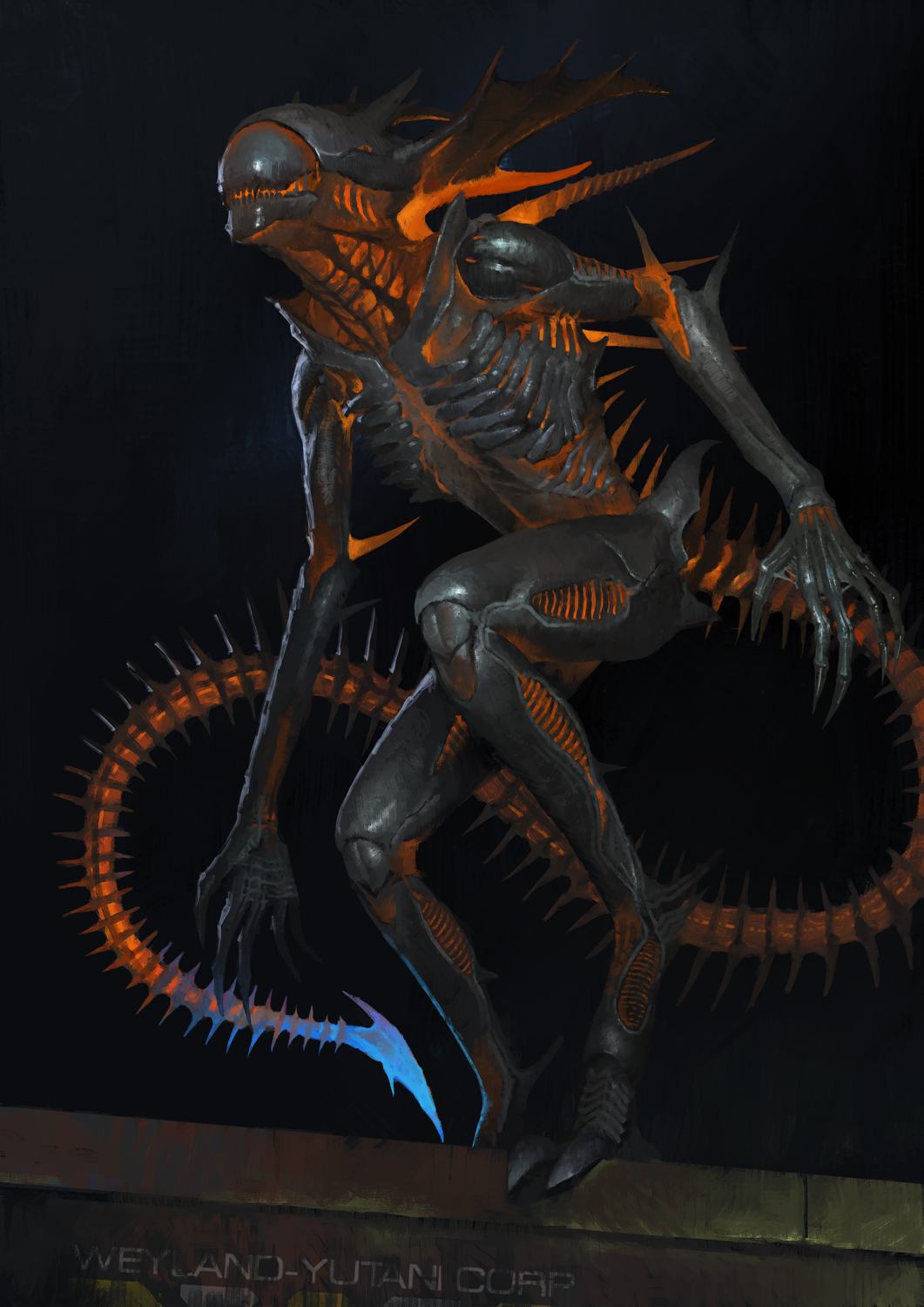 the image is a digital painting or illustration of a biomechanical alien creature.  the creature is predominantly dark gray or black, with glowing orange accents along its spines and body segments. it has a segmented exoskeleton, a long, spiky tail, sharp claws, and a vaguely reptilian head. its body is thin and angular, and it appears to be crouching or perched on a low wall or ledge.  the background is dark, allowing the creature's glowing features to stand out. the style is reminiscent of science fiction horror, perhaps inspired by the alien franchise, and the weylandyutani corp. logo is visible in the bottom corner, suggesting a corporate or possibly sinister origin. the overall impression is one of danger and menace.