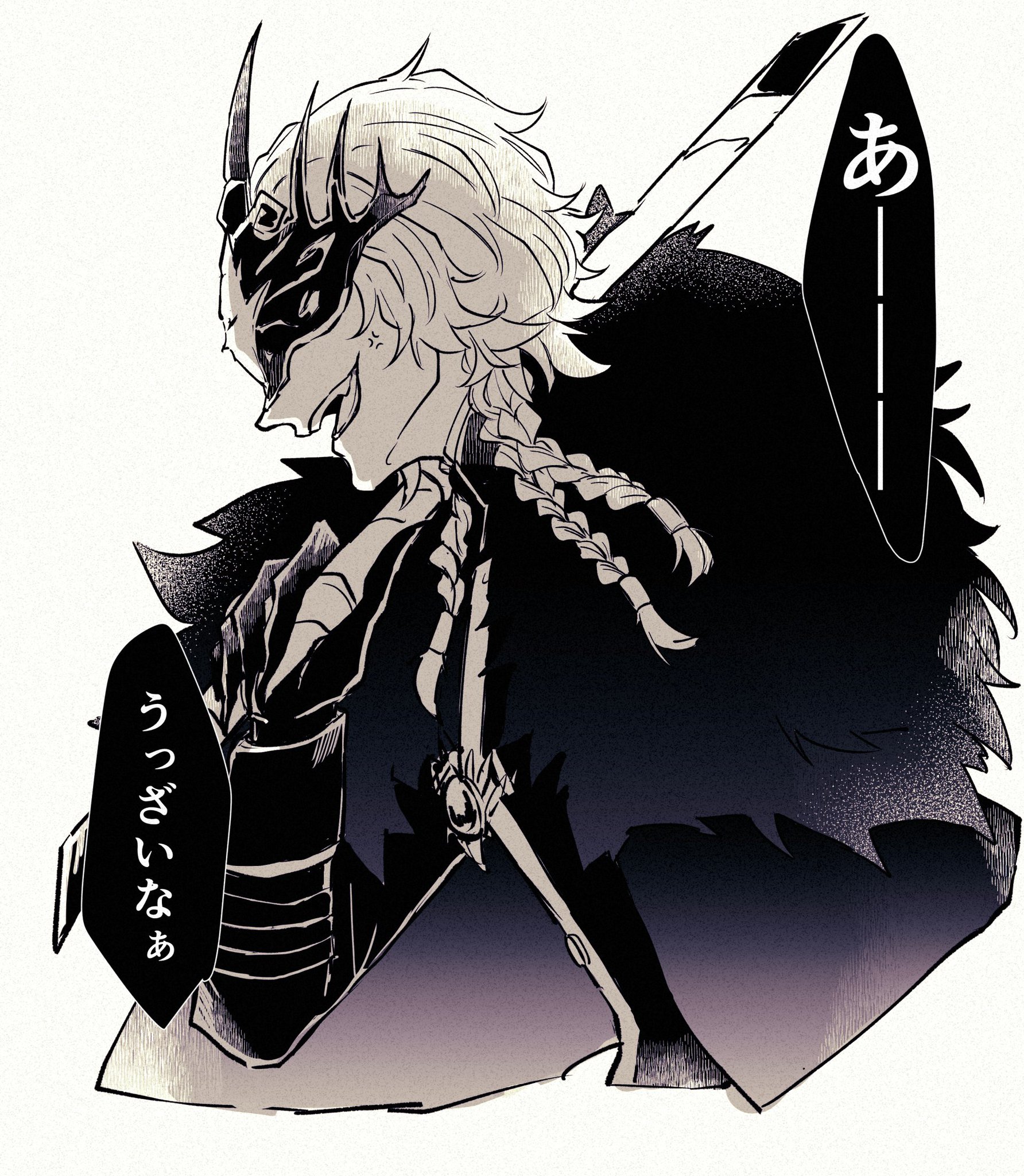 the image is an anime illustration of a male character. he has long white hair and a dark mask covering most of his face. he is wearing a dark cloak and appears to be wielding a sword. the character looks very serious and intense. the image is drawn in a dark and mysterious style. the overall vibe of the image is very dark and unsettling.