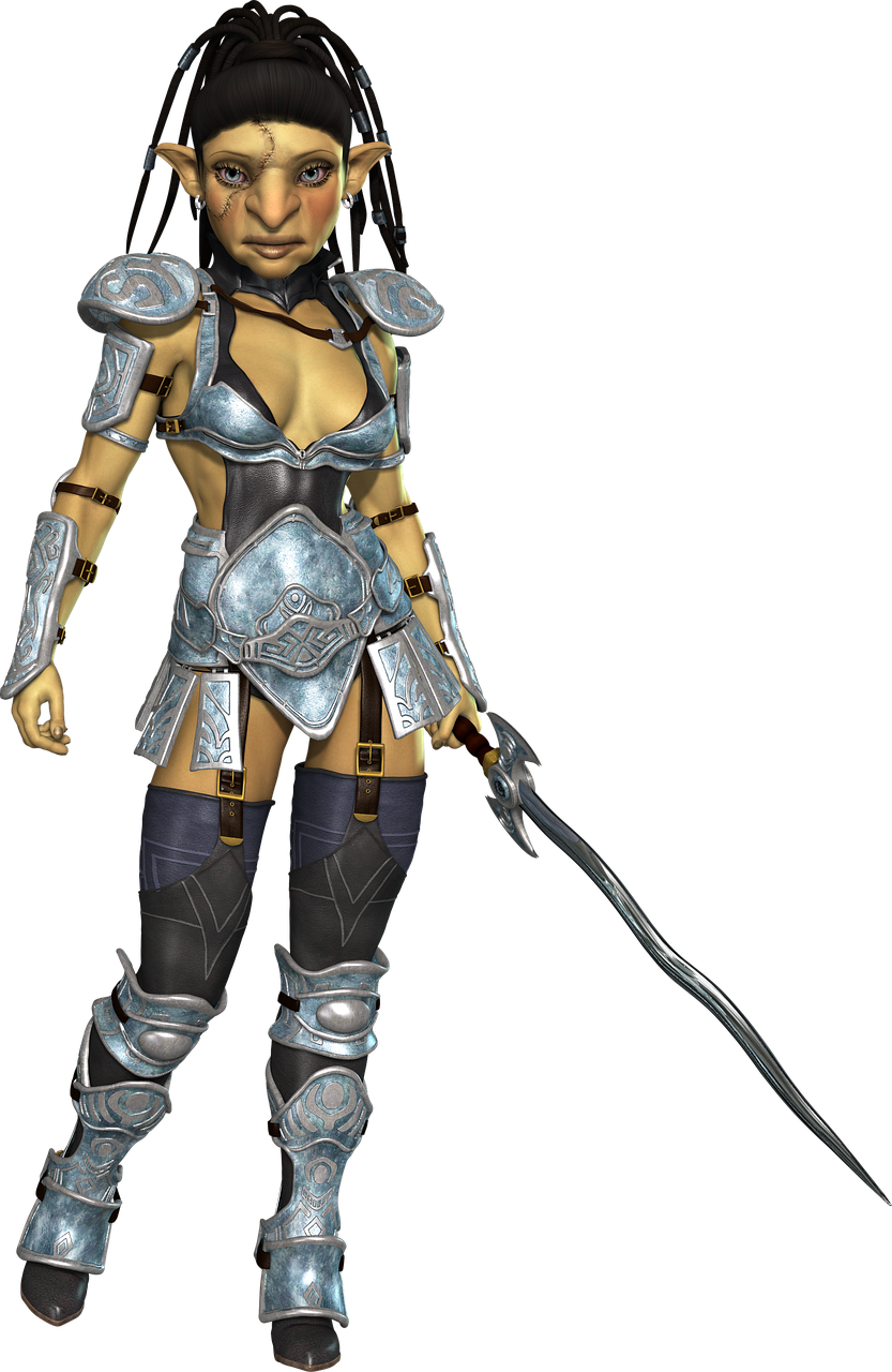 a digital rendering of a female goblin character in fantasy armor holding a sword against a black background. the goblin has tan skin, large ears, and wears a bikinistyle armor with shoulder pads, arm guards, a breastplate, and a skirt with straps. she has dark hair with braided accents and wields a silver, curved sword. her lower legs are covered in leggings and armored boots.