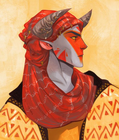 a digital illustration of a male fantasy character with red skin and horns. he has a red scarf wrapped around his head and neck, with gold jewelry around his horns and neck.  he is wearing a yellow and orange shirt with a geometric pattern.  the character is looking to the right of the frame,  with a serious expression. the artwork is created in a vibrant and detailed style.
