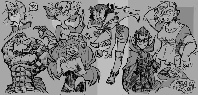 the image is a black and white sketch page with eight different character designs. there are both male and female characters, each with unique features. some characters are more humanlike while others lean towards animalistic, with features like cat ears and tails. one character seems to be robotic, and another possesses monstrous qualities. the characters are depicted in dynamic poses, suggesting a lively and energetic scene. the art style is expressive and cartoony, with exaggerated features and a focus on movement.