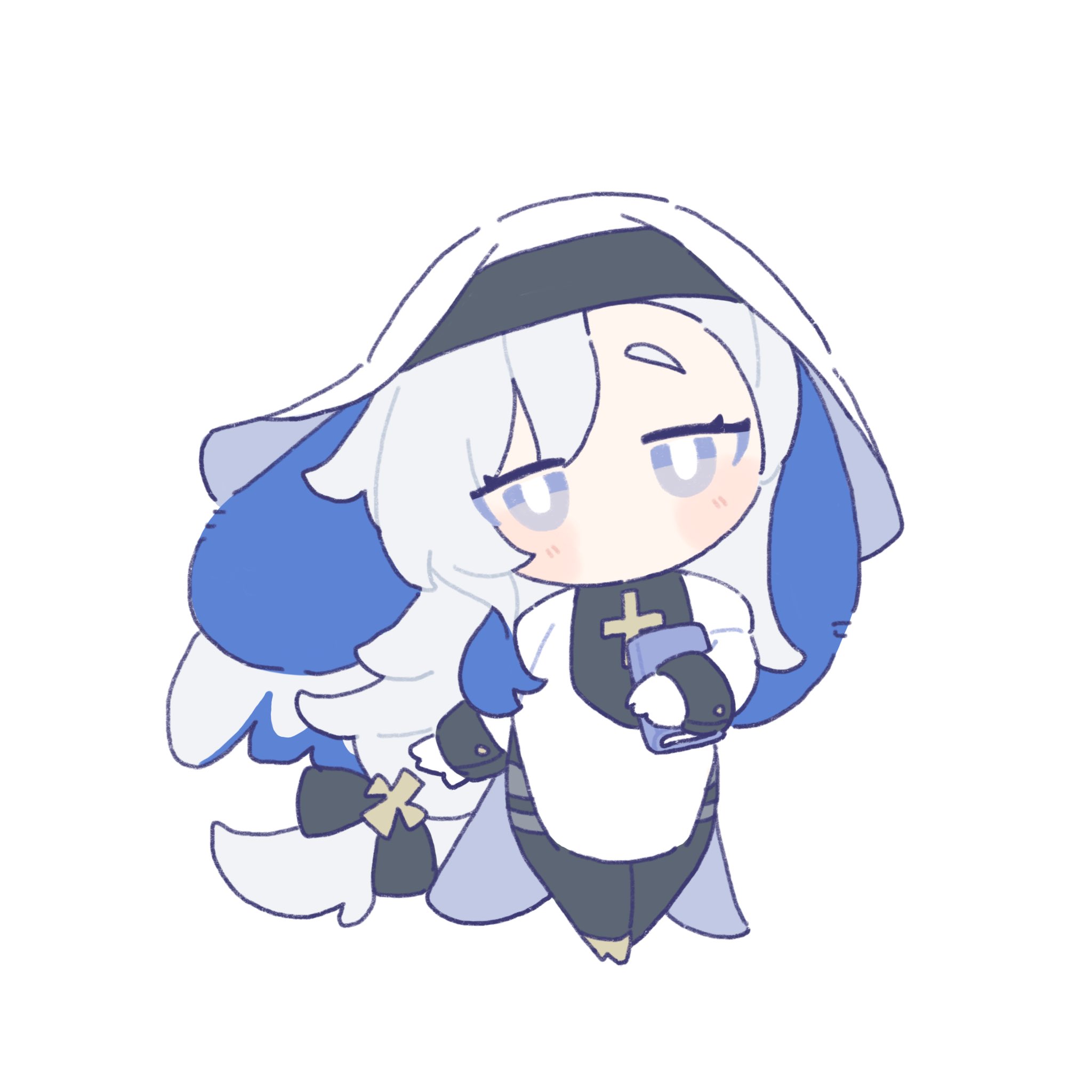 the image is a chibistyle illustration of a female character. she's designed with anime/manga features, including large eyes and a small body.  she is dressed as a nun or priestess, with a white habit, black head covering, and a visible cross on her chest.  she has long, flowing white hair and distinctive blue, winglike adornments on her head and back.  she's holding what appears to be a small book or holy text.  the overall style is cute and kawaii, using pastel colors and soft lines. the art style suggests it could be fanart, potentially inspired by a video game character like ganyu from genshin impact (although this is not confirmed).