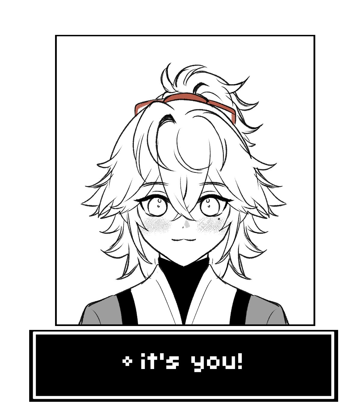 an anime girl with white hair and a red ribbon is smiling and blushing. she is looking at the viewer with a sweet expression. the image is in black and white, and there is a speech bubble that says "it's you!"