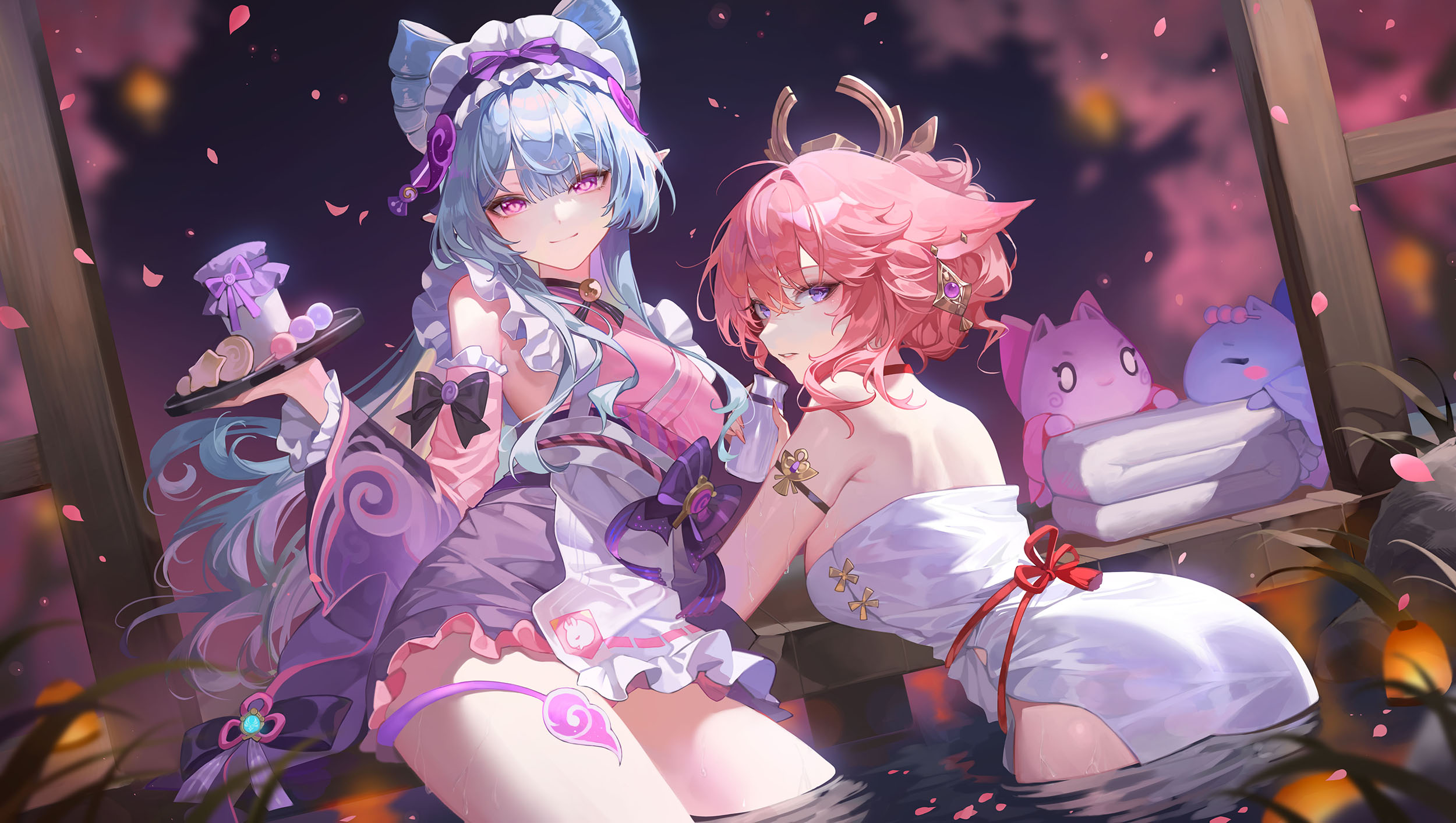 the image shows two anime girls in a bath, surrounded by cherry blossoms. the girl on the left has blue hair and is wearing a maid outfit. she is holding a tray with a small dessert on it. the girl on the right has pink hair and is wearing a white dress. behind them, there are two cat plushies on a stack of towels.