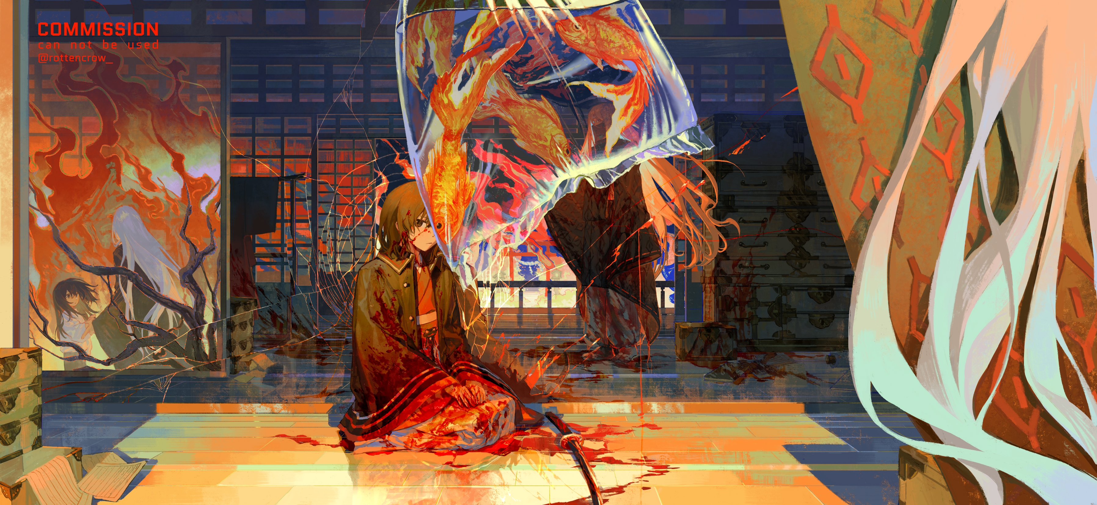 a bloody scene of an anime girl lying dead with a katana next to her body. there are also several fish in a plastic bag in the background. the girl is lying in a pool of blood with a kimonolike clothing. the background shows a japanesestyle room with a window. the whole scene looks like a digitallypainted artwork.