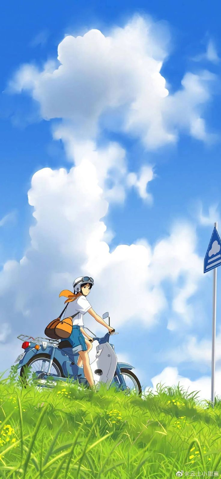 an anime girl wearing a helmet and goggles rides a blue moped on a grassy hill under a blue sky with fluffy white clouds. a flag with a cloud symbol stands nearby. the scene is bright and cheerful, depicting a sunny day.