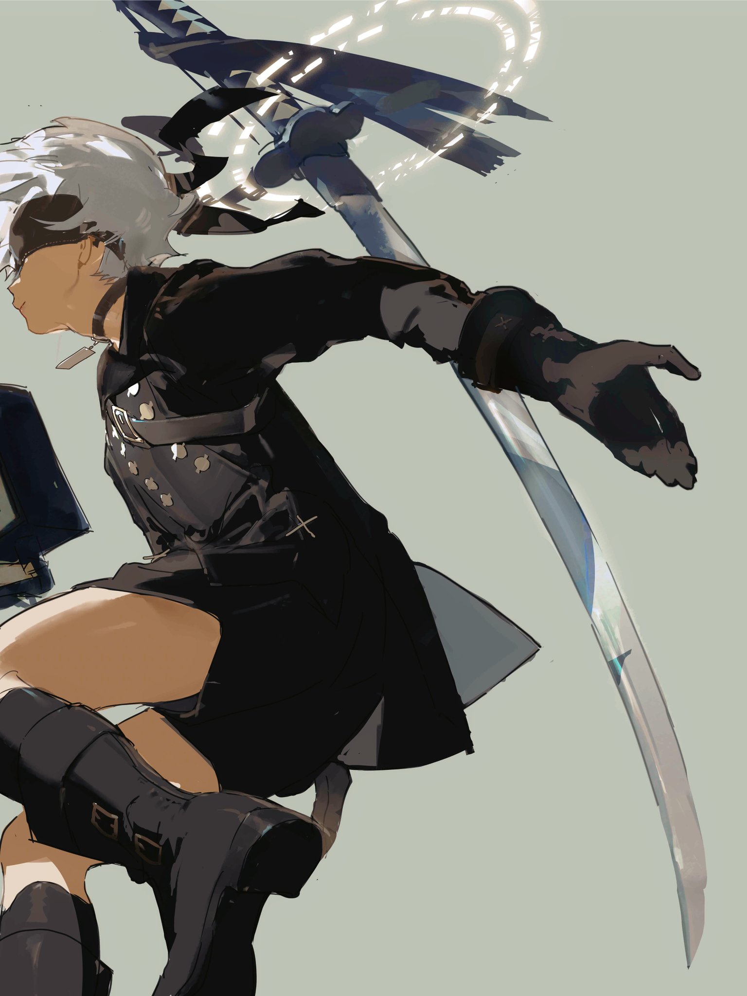 this is a digital illustration of an anime character holding a sword. the character is wearing a black and white outfit and has white hair. the background is grey. the character is in a dynamic pose, as if they are about to strike. the sword is glowing with a blue light.