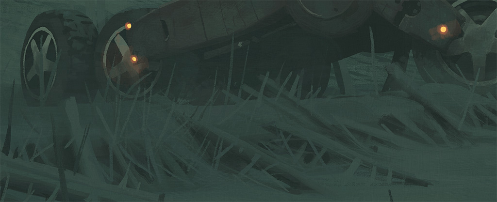 a dark, overgrown forest scene with a partially visible vehicle in the distance. the vehicle is likely a car or truck, and it appears to be damaged or abandoned. the forest is overgrown with vegetation, and the scene is shrouded in darkness and shadows. the only light source is a faint glow from the vehicle's headlights, creating an eerie atmosphere.