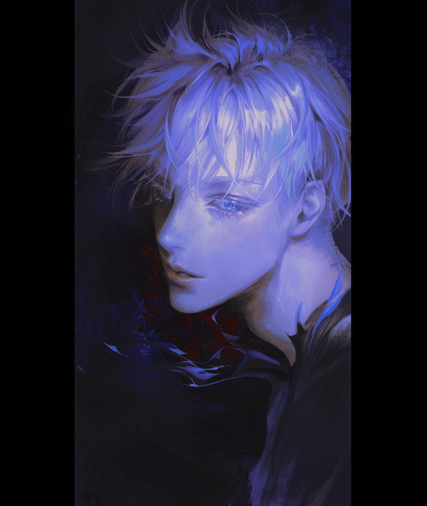 a digital painting of a young man with white hair and piercing blue eyes. the background is dark and abstract, creating a sense of mystery and intrigue. the lighting is dramatic and bluetoned, casting the man's face in shadow and highlighting his features. the overall effect is ethereal and otherworldly.