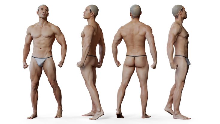 the image shows a muscular, bald man wearing a thong in four poses: front, back, and two side views.  the man is standing in front of a white background.  he is posing confidently with his arms relaxed at his sides.