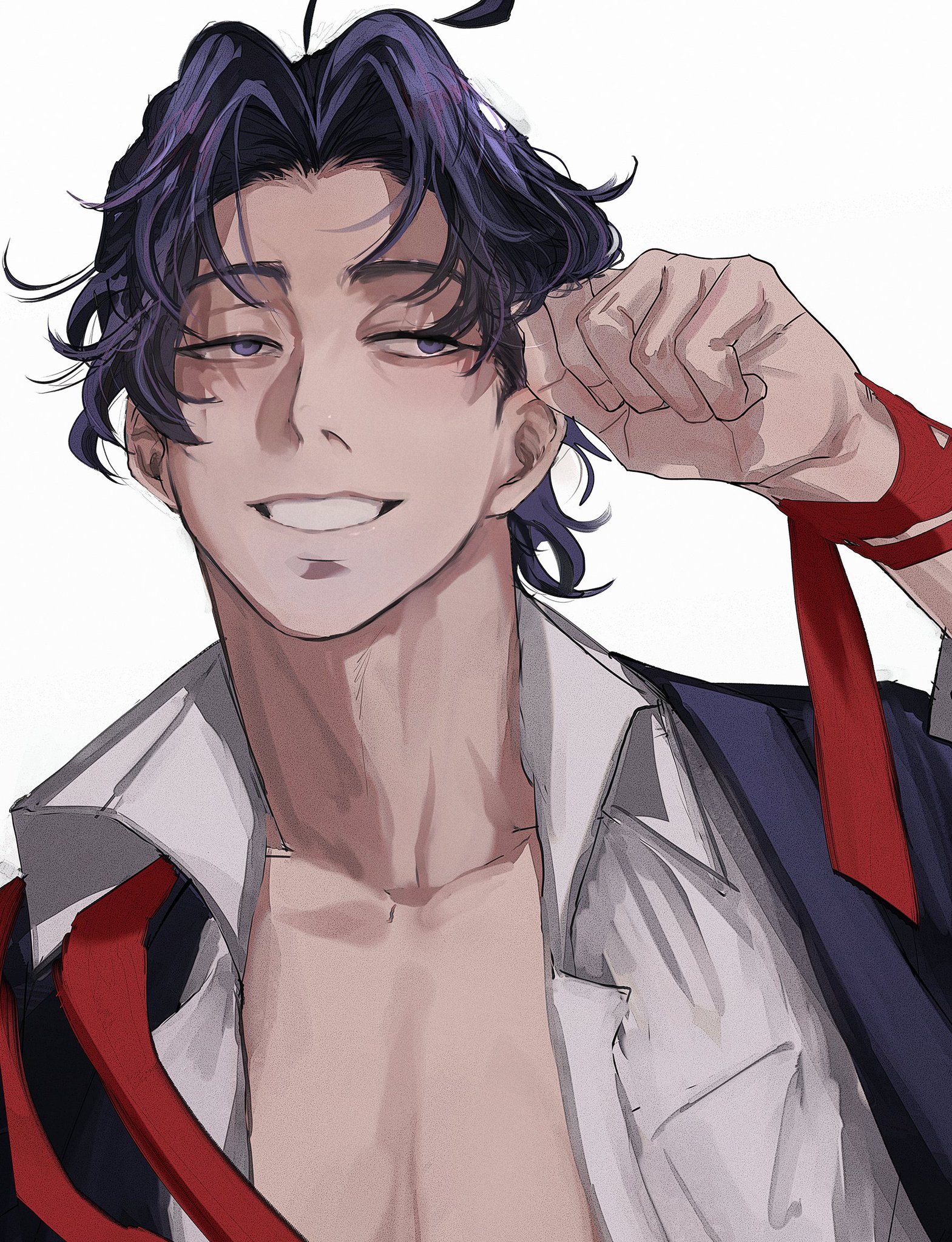 this is a digital illustration of an anime character with purple and black hair wearing a suit with a white shirt underneath. the shirt is unbuttoned, revealing his chest. he has a red tie and a red wristband. his smile is confident and he looks slightly smirking. he looks like he's trying to pull his collar up, as if trying to hide himself a bit. his eyes are dark purple and he has a piercing look. the background is white.