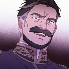 a digital illustration of a man with an angry expression. he has dark hair with gray streaks at the temples, a thick mustache, and red eyes. he is wearing a dark militarystyle uniform with gold details on the collar. the background is a pale purple.