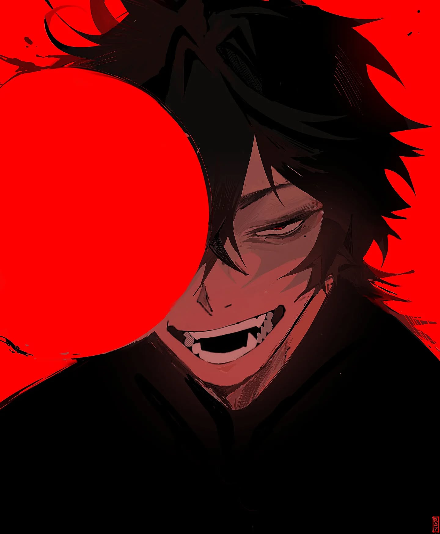 the image is a digital painting or illustration in a dark and stylized anime/manga style.  the artwork depicts a closeup of a male character's face, partially obscured by a large, bright red circle. the character has dark, spiky hair, and a sharp, almost predatory smile revealing pointed teeth. his expression is intense and somewhat sinister. the overall color palette is predominantly red and black, creating a dramatic and edgy atmosphere. the art style is expressive and uses bold lines and shading to create depth and emotion. the background is a flat red, contrasting sharply with the dark figure in the foreground. the overall mood is mysterious and unsettling.