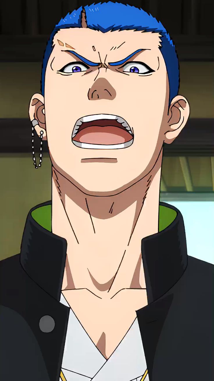 this is a closeup illustration of an anime man with blue hair. he appears to be angry and is shouting. the background is blurred and not in focus, suggesting the focus is on the man's expression.  he's wearing a black and green jacket.