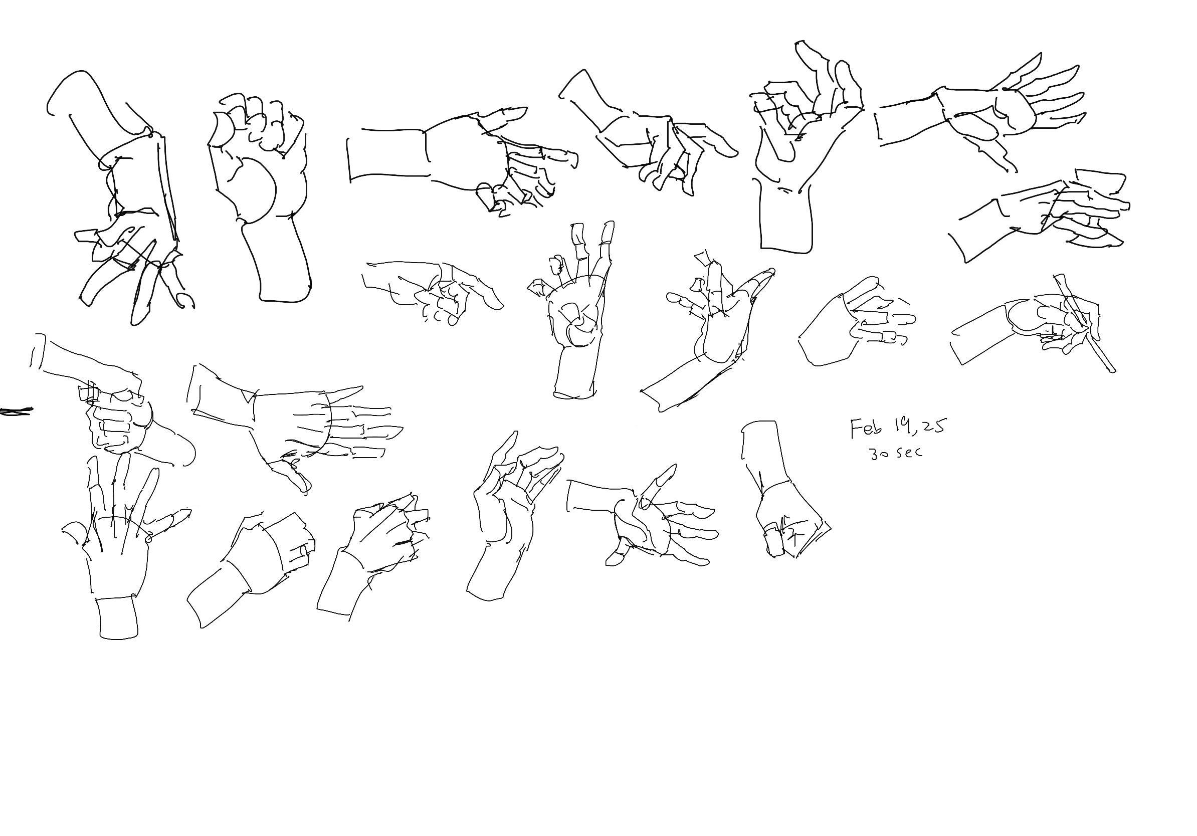 the image shows a collection of hand drawings and sketches in various poses and gestures. there are numerous depictions of hands with different finger arrangements, hand positions and wrist angles. one hand is shown holding a writing utensil. these drawings appear to be part of an anatomical study or artistic practice focused on hands. the style is line art and is done in black ink against a white background. text that reads "feb 19, 25 30 sec" is present.