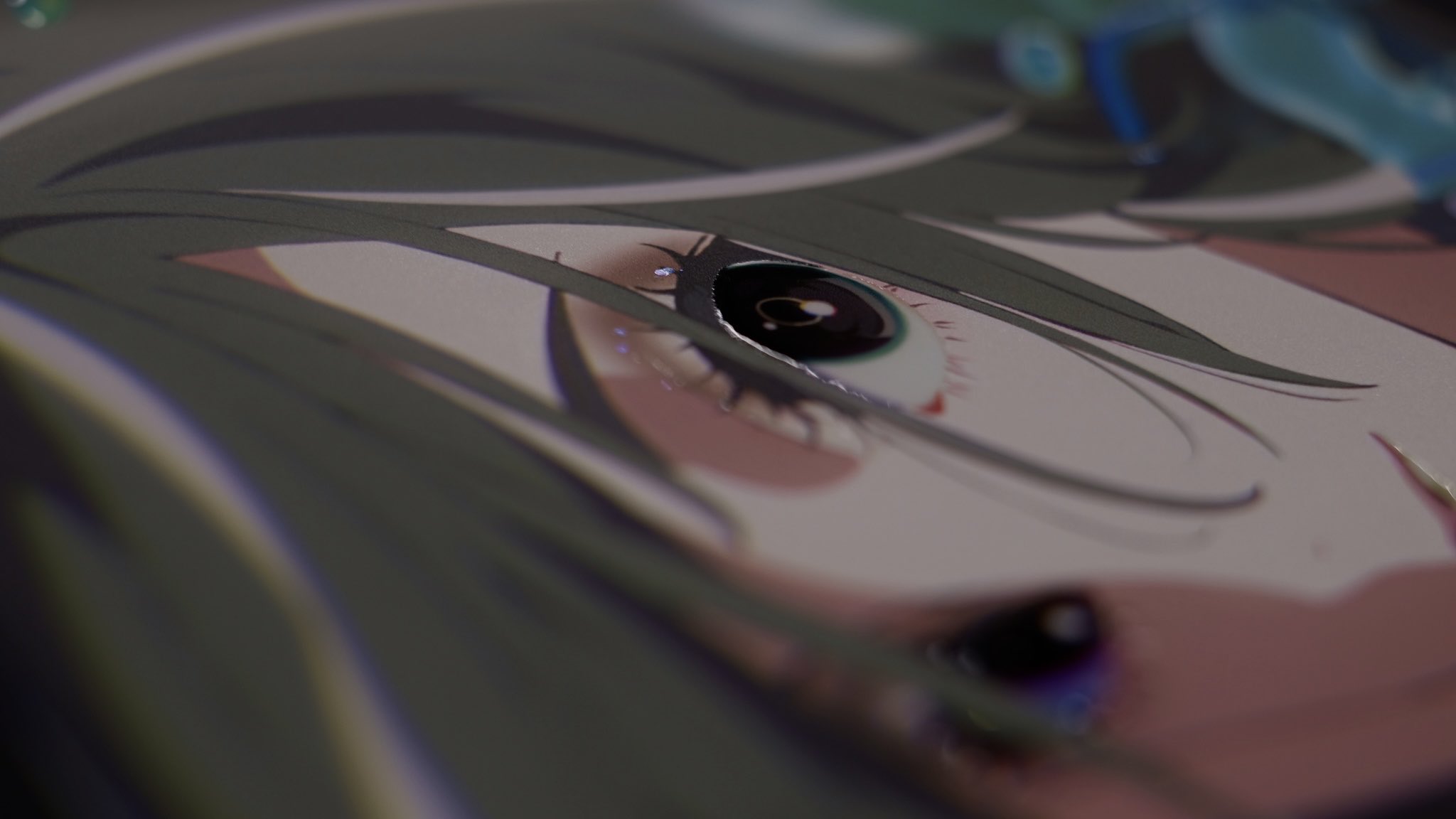 a closeup illustration of a girl with green hair and tears welling up in her eyes. the image evokes a sense of sadness and vulnerability. the style is reminiscent of anime and digital art.