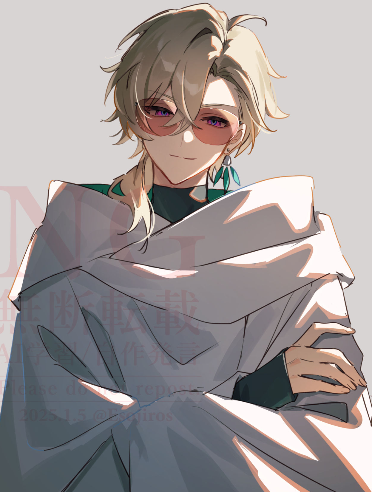 the image is a digital fanart depicting albedo from the video game genshin impact. he is depicted as a young man with long, light blonde hair, purple eyes, and is wearing a stylish outfit.  this outfit consists of a large, flowing white coat over a teal or green turtleneck and dark sleeves.  he also wears sunglasses with pink/reddish lenses and teal earrings. the artwork focuses on albedo's elegant pose and fashion, using light and shadow to create a sense of depth and sophistication. the background is a simple, muted grey that further emphasizes the character's design. the artist's watermark is visible but partially obscured.