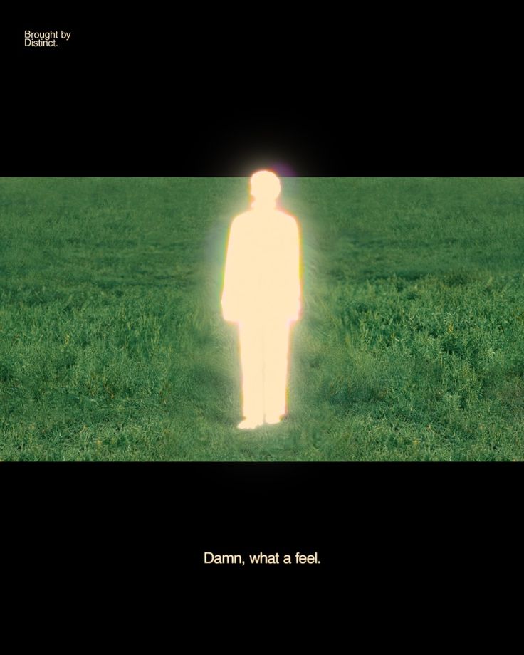 a figure silhouetted in light stands in a green field under a dark sky. the text "brought by distinct" appears in the top left corner and "damn, what a feel." appears at the bottom.