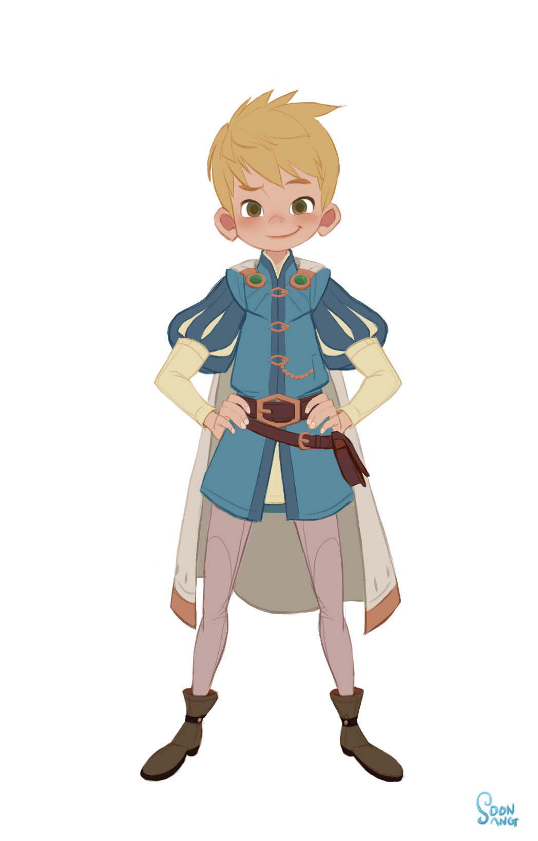 a cartoon illustration of a young blonde boy dressed as a prince. he's wearing a blue tunic with gold accents, a white cape, brown tights, and brown boots. he's posing with his hands on his hips and a confident smile on his face. the style is simple and cute, likely intended for a children's book or animation.