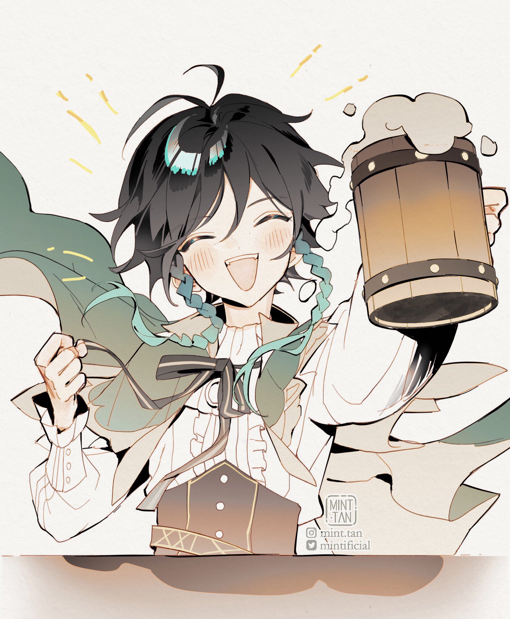 the image depicts a cheerful anime character holding a mug of beer. he has long black hair with a blue streak, green eyes, and is dressed in a white shirt, brown vest, and green cape with a blue ribbon tied around his neck. he is laughing and smiling broadly as he raises his mug in a celebratory gesture. the background is white with yellow and orange lines, and a few lightcolored clouds, symbolizing a joyous and celebratory atmosphere. the overall image is whimsical and vibrant, conveying a sense of fun and happiness.