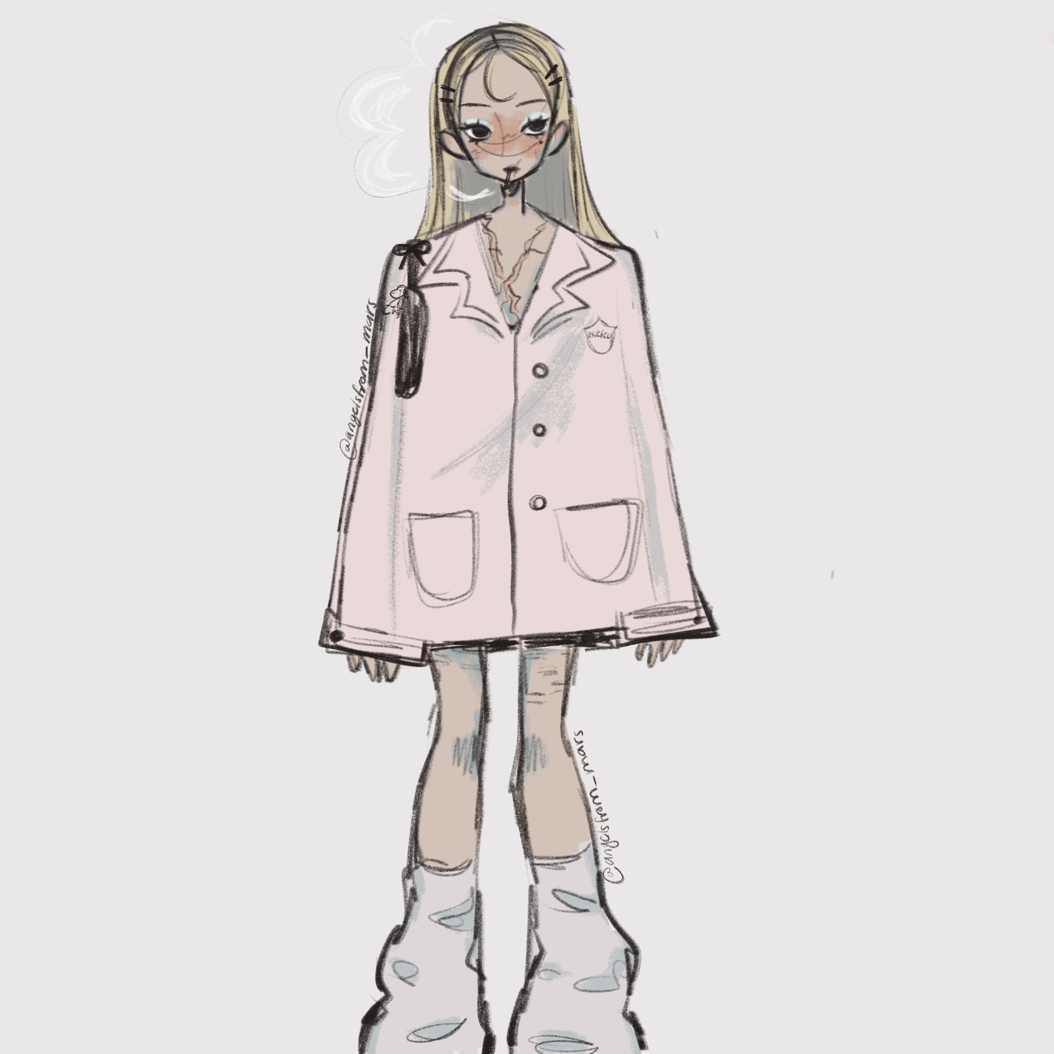 a digitally drawn illustration of a female anime character with blond hair wearing a pink coat and socks. the art style is cute and cartoonlike.