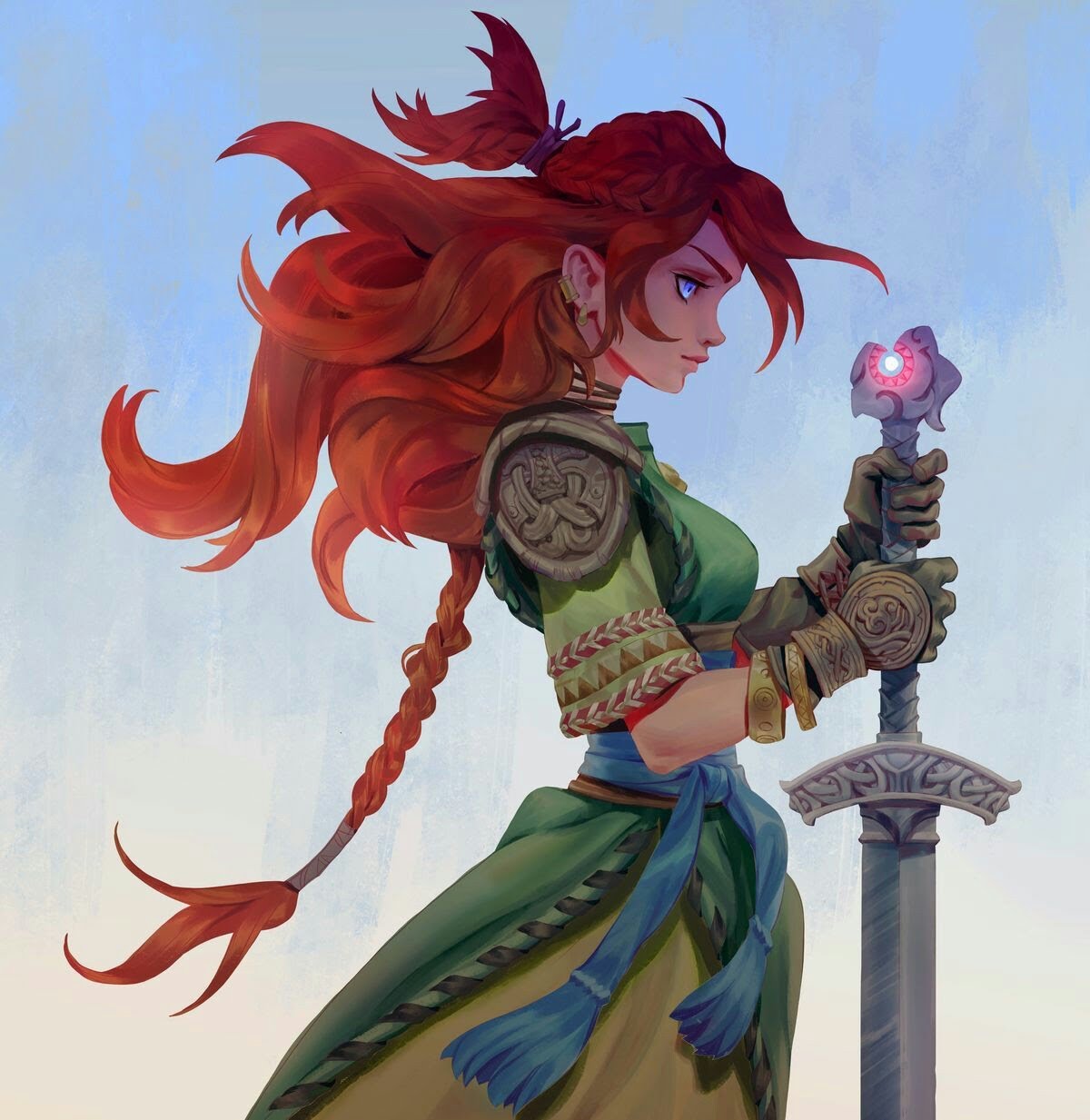 a digital illustration of a fantasy warrior woman. she is wearing a green dress, a blue sash, and has long, flowing red hair that is braided down her back. she is holding a sword in her right hand, and her left hand is on the hilt of the sword. the background is white.