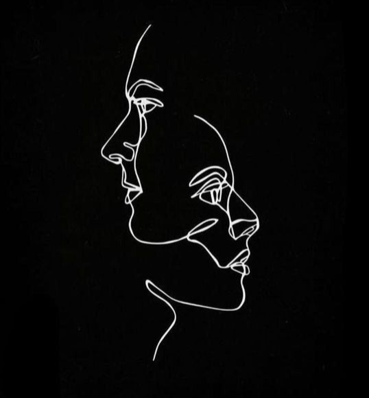 this is a minimalist line art drawing of two faces, one superimposed on the other, against a black background. the faces, drawn in white, appear to be looking to the left.