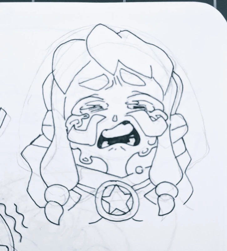 a handdrawn sketch of a cartoon character crying. the character is shown with big eyes, a wide open mouth, and tear drops running down its cheeks. the sketch is black and white and has an expressive style.