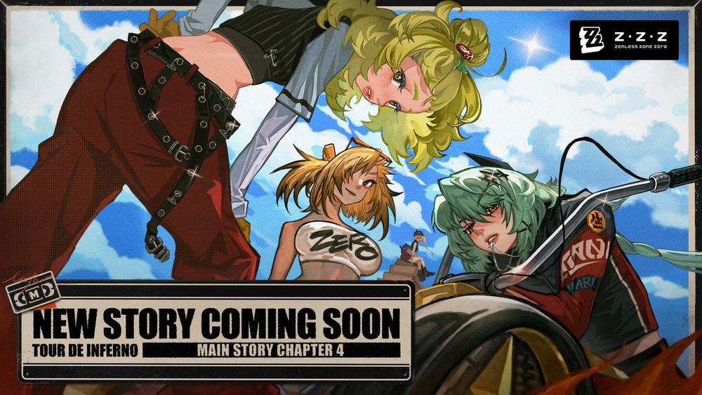 his is promotional artwork for the mobile game zenless zone zero, announcing the arrival of a new story chapter titled "tour de inferno", which is chapter 4 of the main story.  the image features three female characters in stylish animeinspired outfits, with one sitting on a motorcycle. the art style is vibrant and dynamic, typical of the game's aesthetic. the "z.z.z" logo for zenless zone zero is prominently displayed in the upper right corner.  a banner at the bottom declares "new story coming soon" with chapter details.