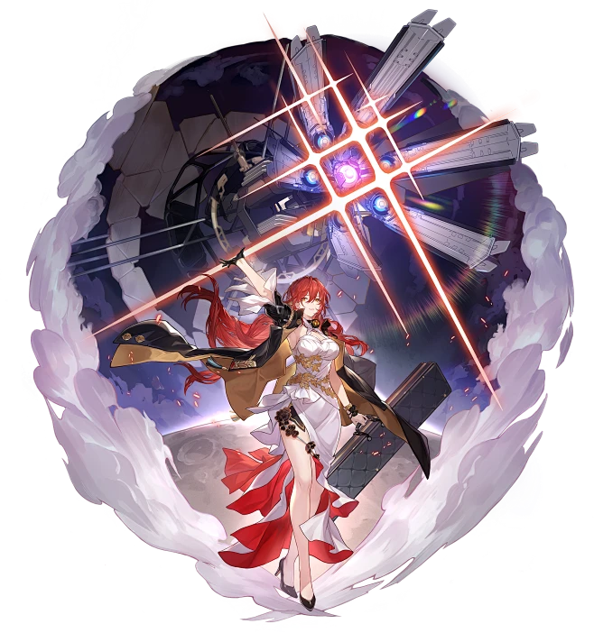 the image showcases a female character with long red hair and a determined expression. she's dressed in an elaborate white and gold outfit with red accents, wielding a glowing sword that points toward a complex, mechanical structure emitting bright beams of light. the background is a swirling mix of dark clouds and hints of a celestial environment, creating a dramatic and powerful atmosphere.