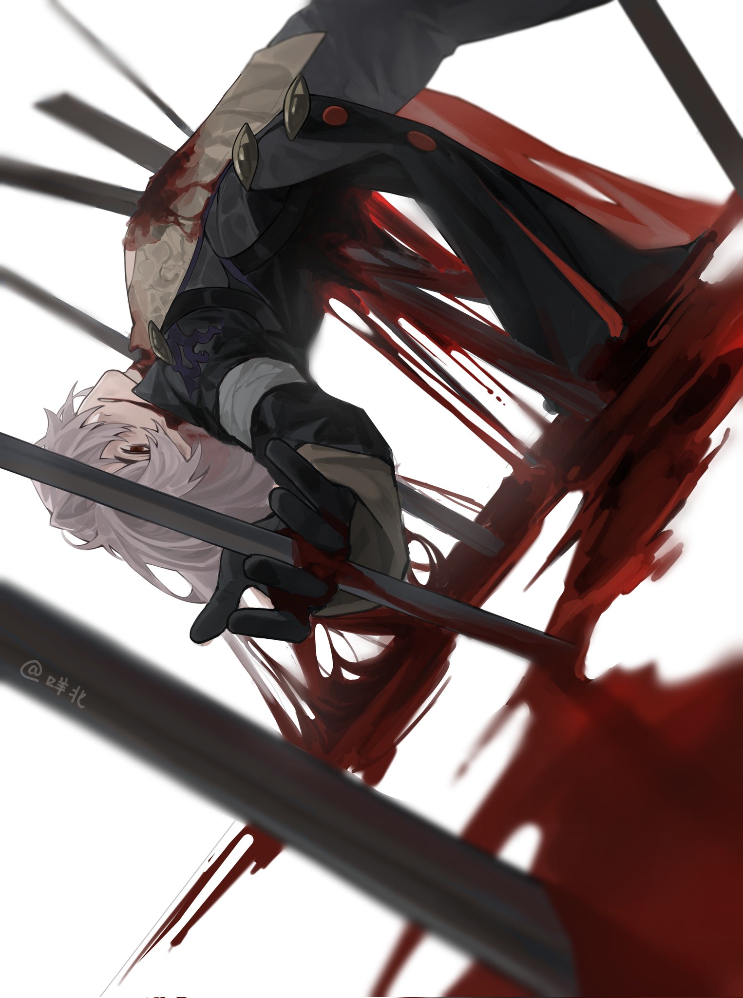 the image depicts an anime character, a young man with white hair and a black outfit, lying on the ground, impaled by several swords. he is bleeding profusely, and his expression is one of pain and agony. the image is framed from a low angle, which gives a sense of dramatic perspective. the overall effect of the image is one of tragedy and violence. the image is rendered in a realistic style, with details such as the character's blood splattered on the swords. the image's atmosphere is dark and gloomy.
