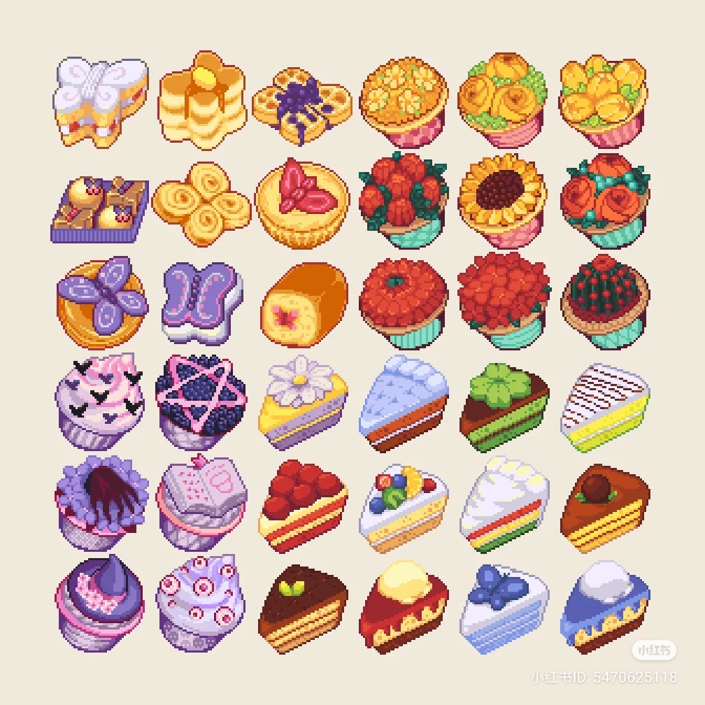 a grid of pixel art desserts, mostly cakes, cupcakes, and pies. the color scheme uses pastel yellows, oranges, pinks, purples, blues, and greens.