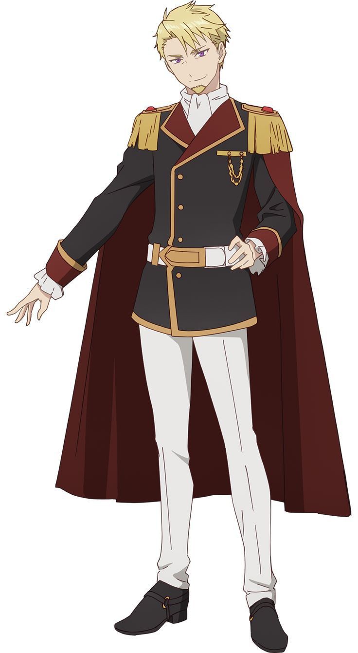 the image shows an anime character with blond hair and purple eyes. he is wearing a black uniform with a red cape, white pants and black boots. he is standing with his hands in front of him.